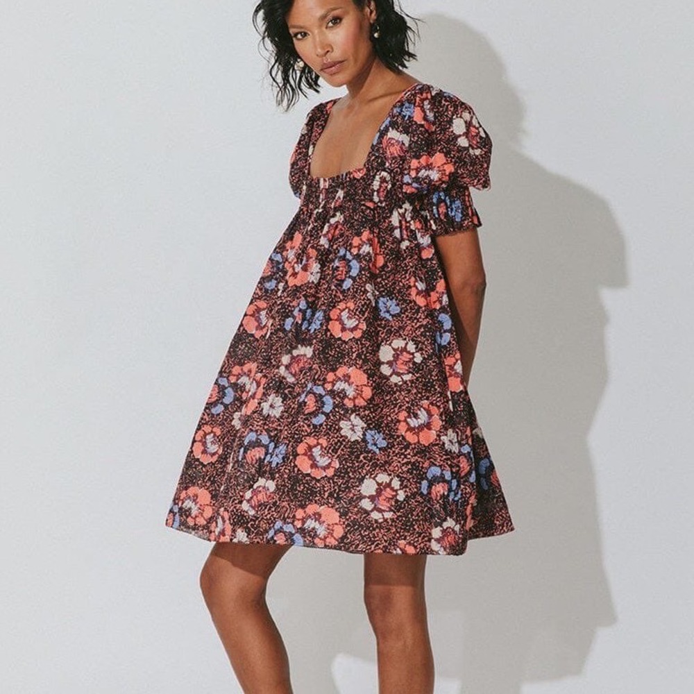 Cleobella Mischa Floral Mini Dress Size XL Organic Cotton Smocked Puff Sleeve